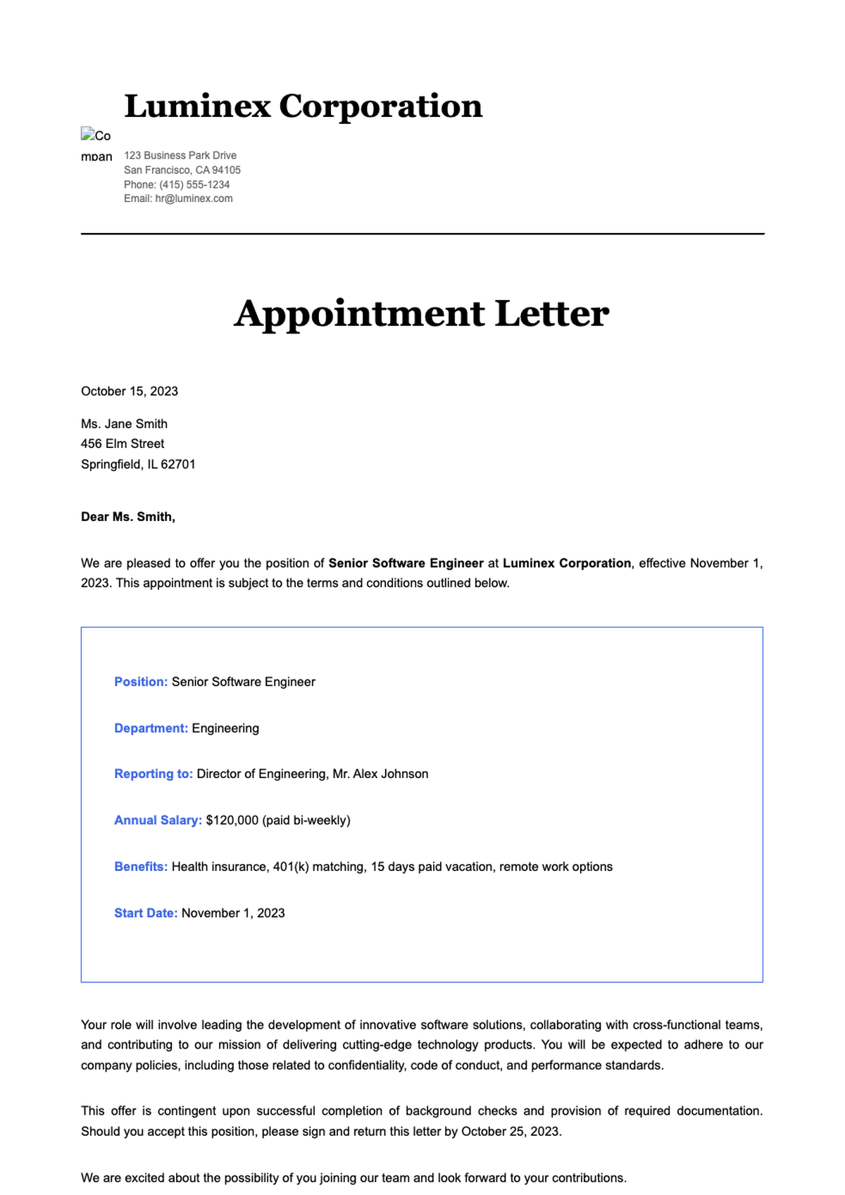 Professional appointment letter template with company branding and placeholder fields_variant_1